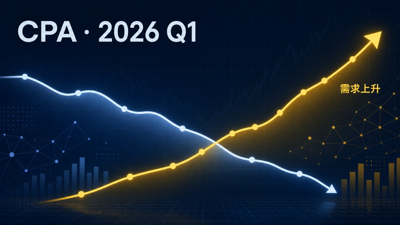 深蓝色 CPA 2026 Q1 职业市场曲线图，黄色需求上升曲线与浅蓝下降曲线交叉