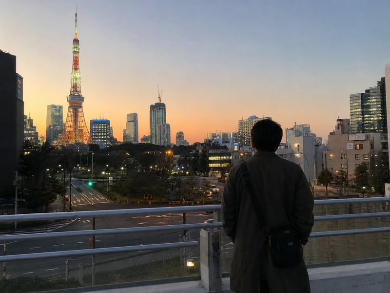 金同学东京 Tokyo Tower 黄昏天际线远眺背影：城市灯光与紫橙渐变 blue hour