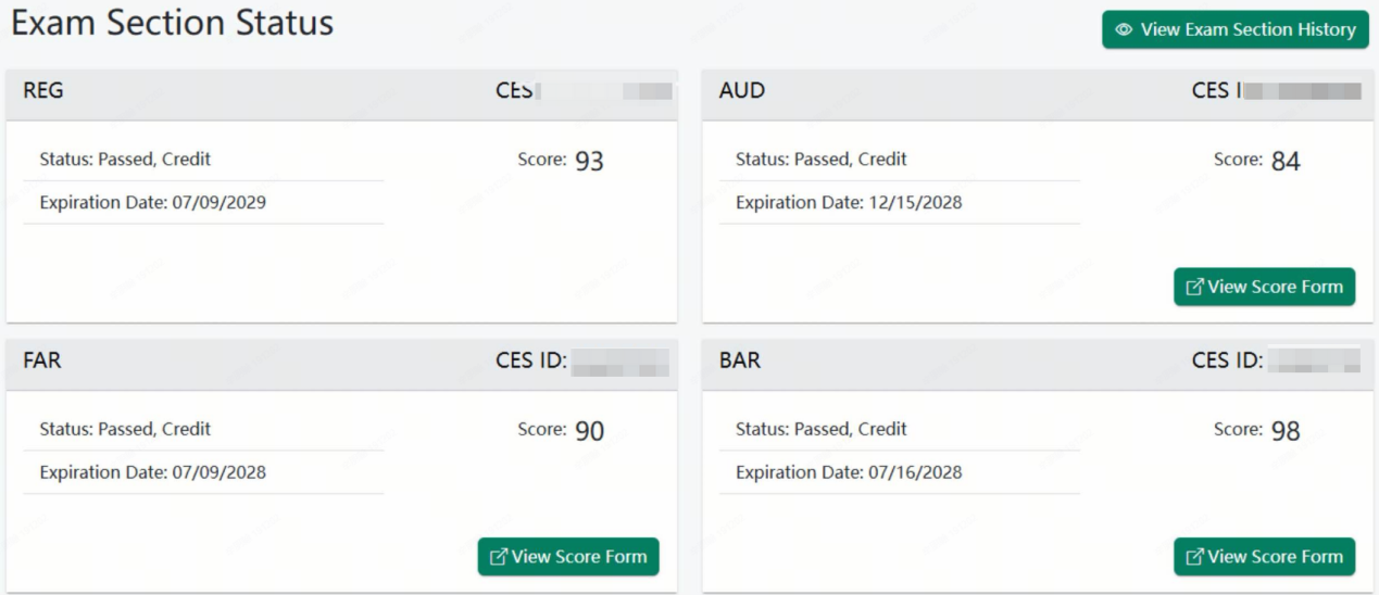 USCPA FAR、BAR、AUD、REG 四科成绩界面
